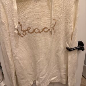 Vintage Cream Knit Hoodie Sweater with Tan Script